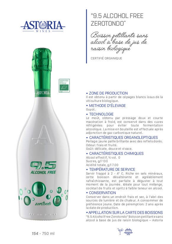 Metina SAS – Bebidas espirituosas/vinho/cerveja não alcoólicas por atacado – Vinho Espumante Sem Álcool 9.5 Cold Wine ZEROTONDO Astoria 75 cl5