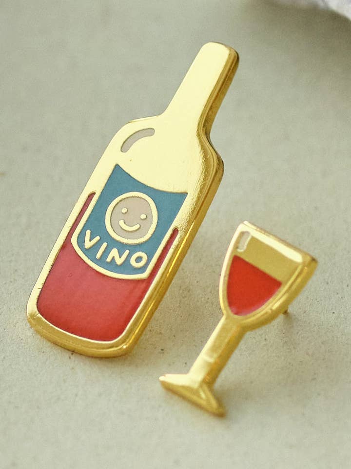 Red Wine and Glass Enamel Pin Set for wholesale by Claire Paul