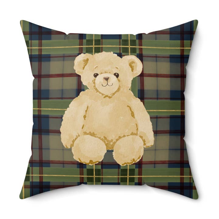 Adorable Bear on Plaid Pillow for wholesale by MagicMerchEmporium