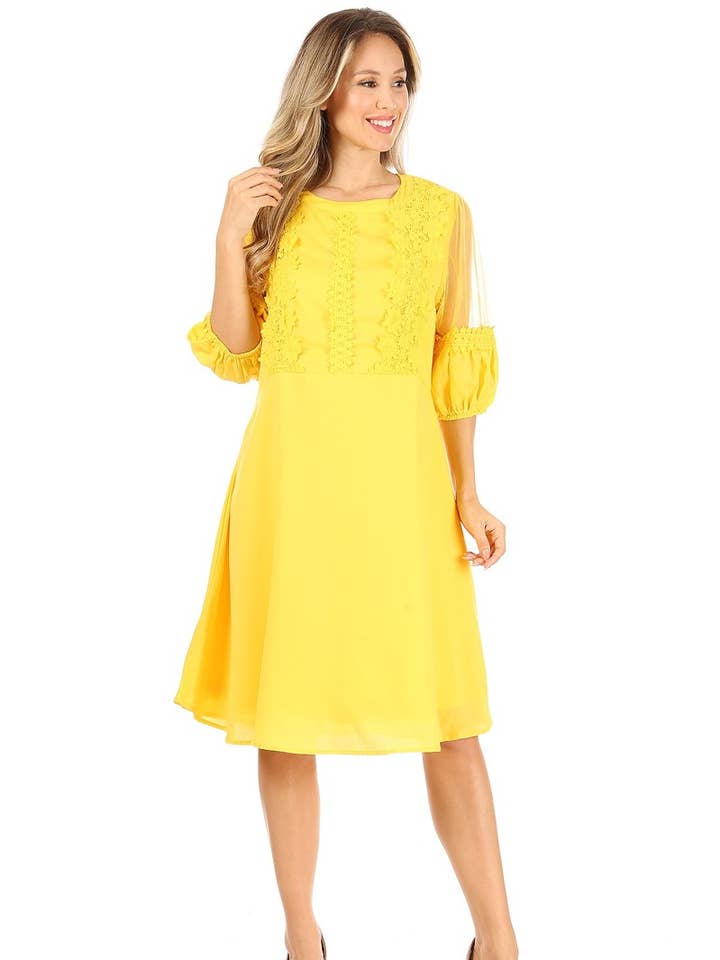 Midi dress with crochet lace detailing and sheer sleeves for wholesale by Lady Curvaceous