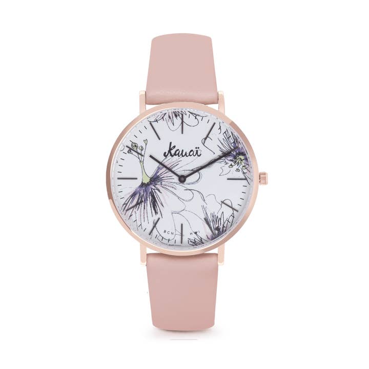 Napali Pua Pink and White Flower Watch | Leather Strap for wholesale by Kauai watches
