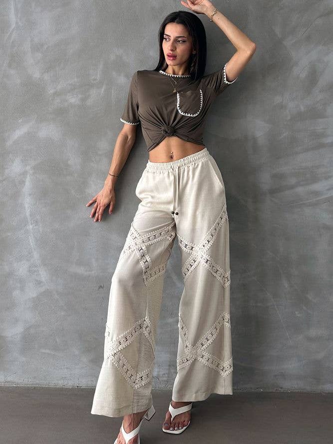 Design company-Fatma Balkir - Wholesale Pants - Women's - Linen Pants with Lace Detail for Women- Relaxed Fit Boho