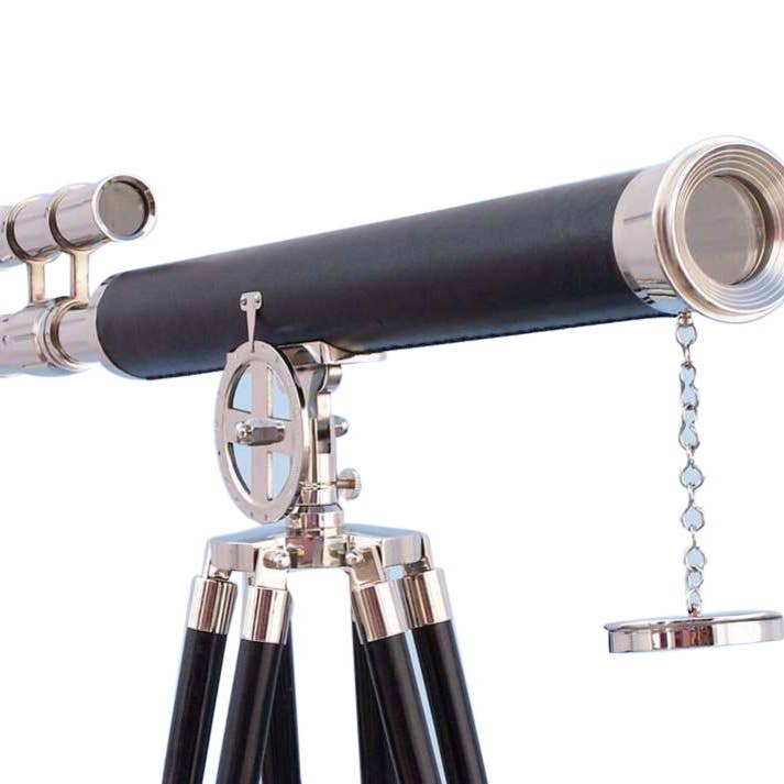 Chrom - Griffith Astro-Teleskop aus Leder 64" mit schwarzen Holzbeinen für den Großhandel von Hampton Nautical