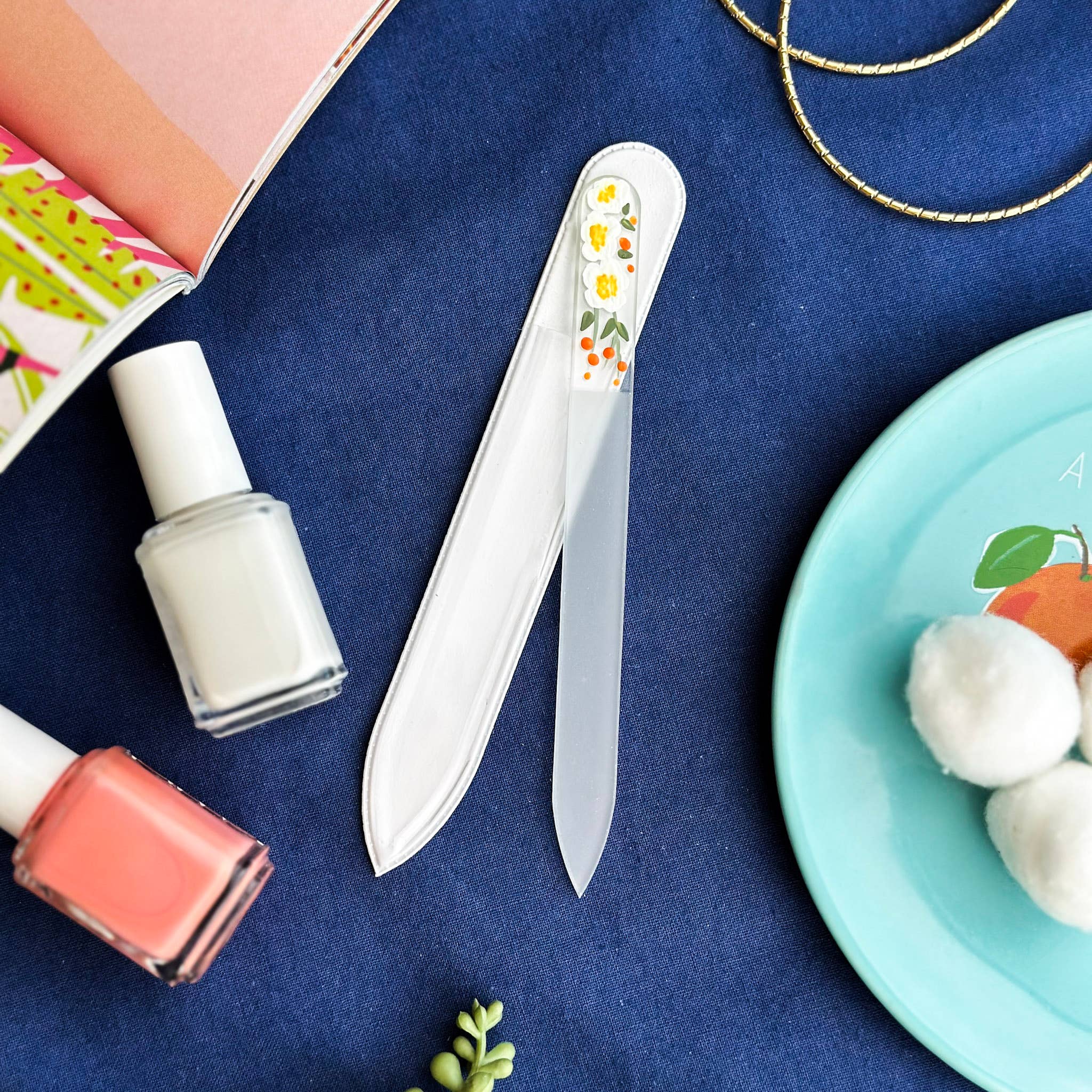 Blue Lemon Art - Wholesale Nail File - Hand Painted Glass Nail File - White Peony1