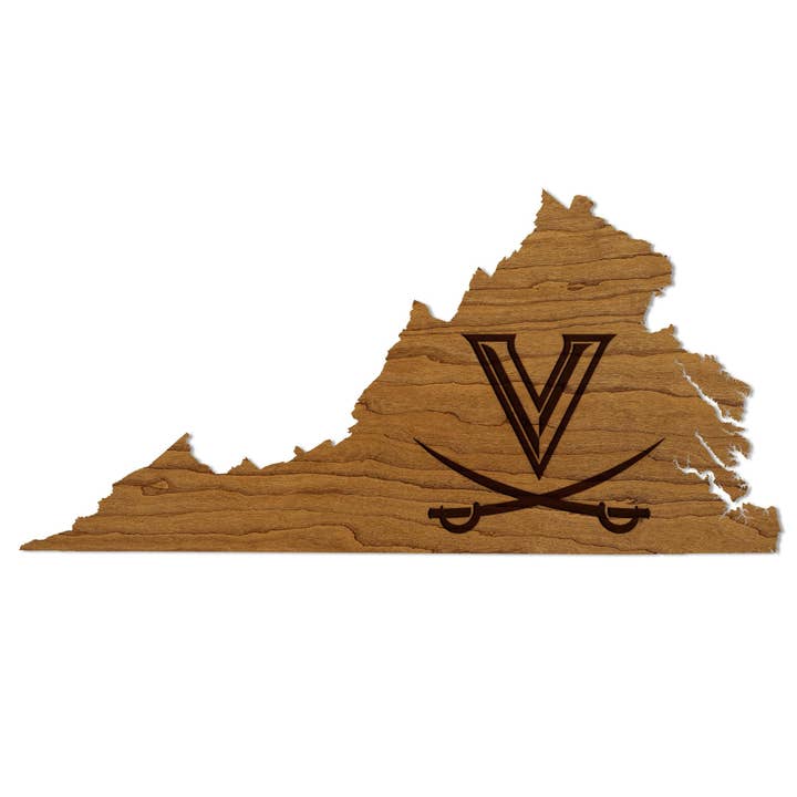 University of Virginia V Sabres on State Wall Hanging - Crafted from Cherry and Maple Wood - University of Virginia Cavaliers for wholesale by LazerEdge