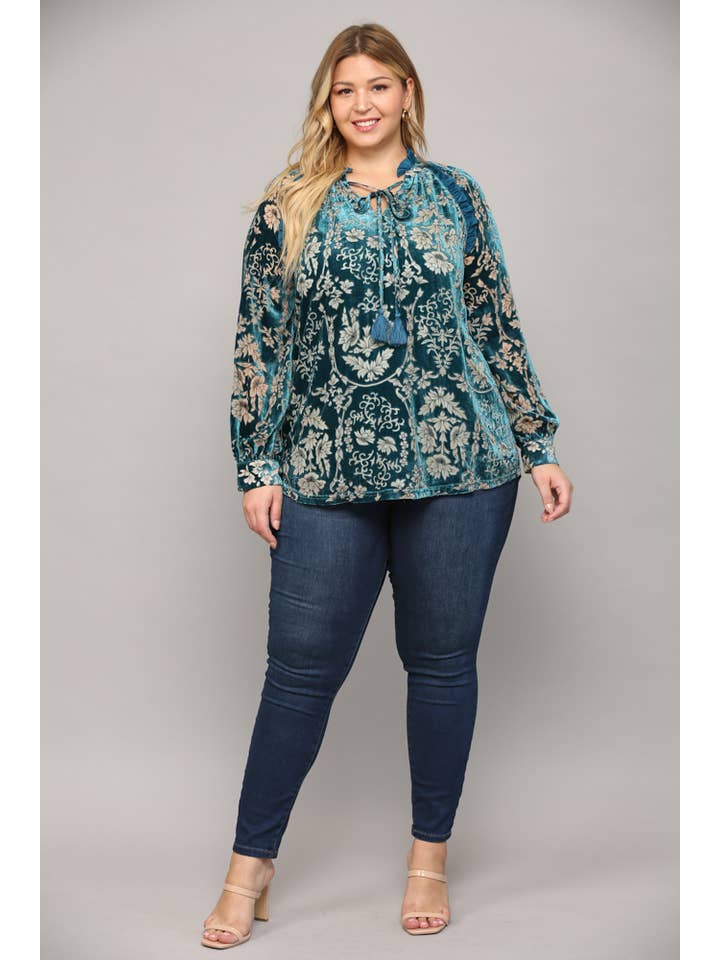 TEAL RUFFLE TRIMMED BURNOUT VELVET TASSEL TIE BLOUSE FT22044P for wholesale on Faire5