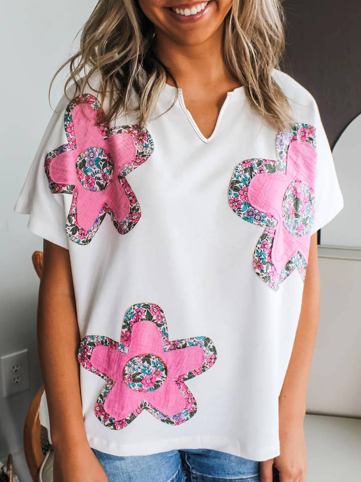 Applique Notched V Neck Dolman Sleeve Top for wholesale by Umorger