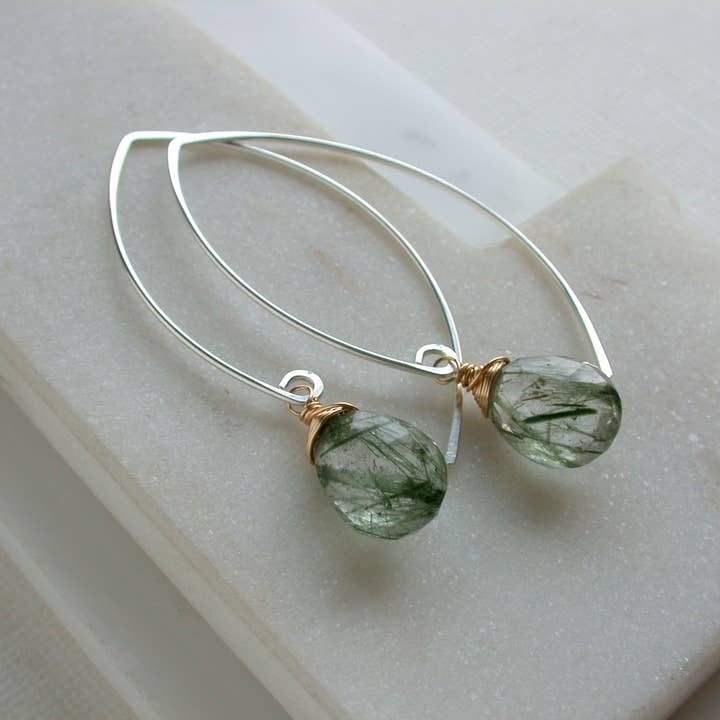Linda Trent Jewelry - Wholesale Dangle Earrings - Moss Rutilated Quartz Threader Earrings