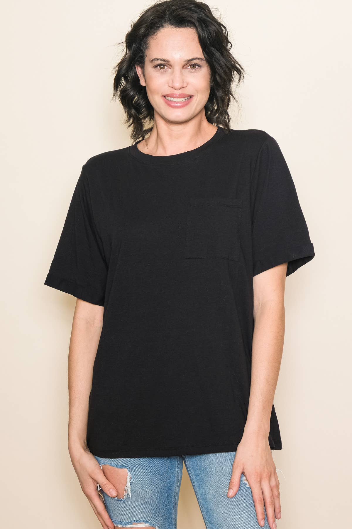 Elloh Collection – wholesale T-shirt – women's – Round Neck Boyfriend Fit Cotton T-Shirt with Front Pocket11