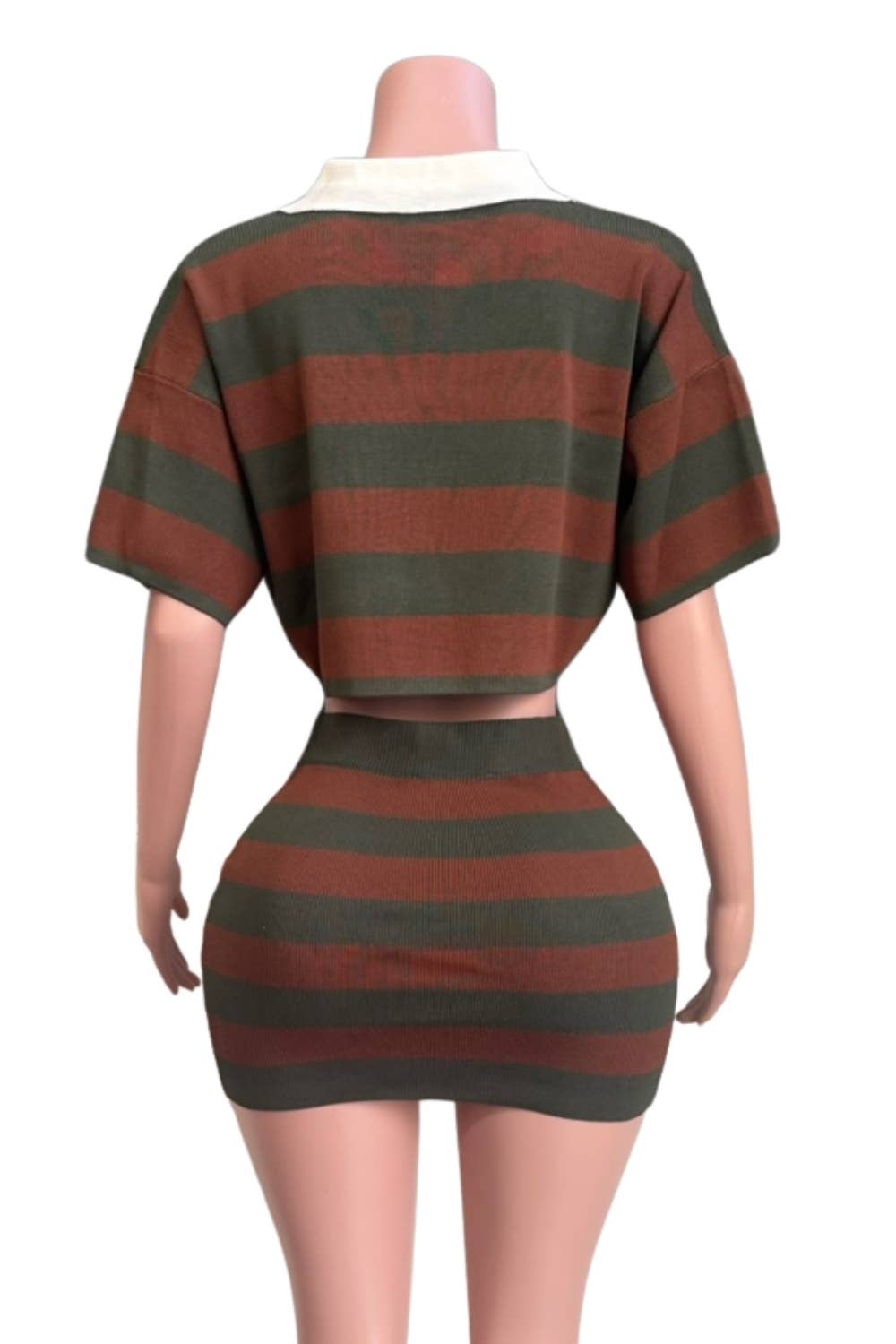 NEWGENS - Wholesale Activewear Set - Women's - NC2121A Striped Knit Polo Crop Top & Skirt Set3