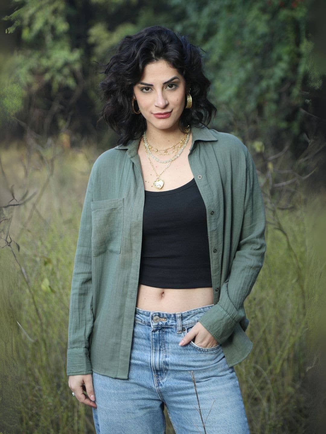 Boho Peace Sign Shirt in Olive Green – Double Gauze Cotton for wholesale on Faire3