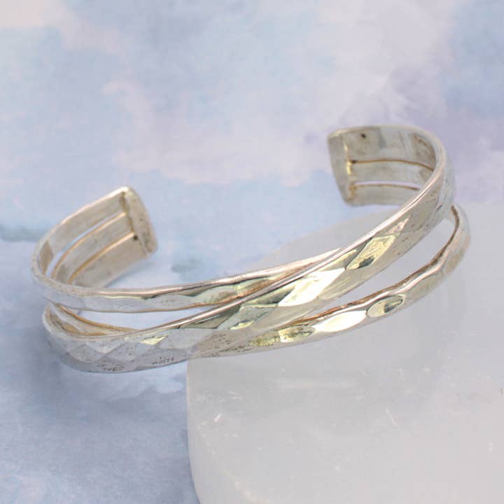 ZAD - Wholesale Cuff Bracelet - Silver Crossed Lines Hammered Cuff Bracelet