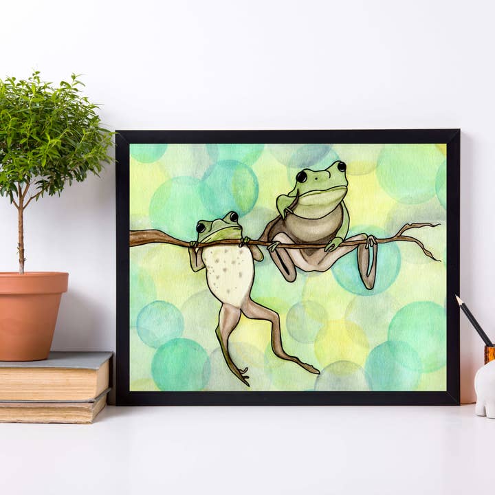 "Hanging Out" (Frogs) Watercolor Painting: Art Print for wholesale by PinkPolish Design