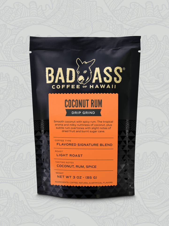 Coconut Rum Signature Blend Flavored Coffee | 3-oz for wholesale by Bad Ass Coffee of Hawaii