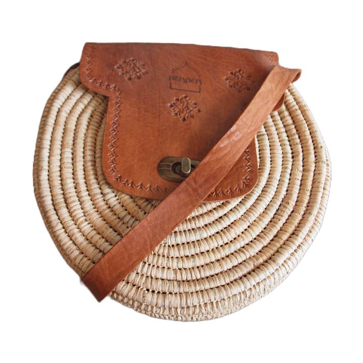 "The Safi" Rattan Round Cross-Body Bag - Tight Weave for wholesale by BERBER LEATHER