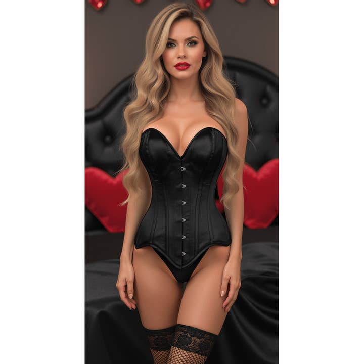 Corset désossé en acier satiné noir à tiroir supérieur pour la vente par Daisy Corsets