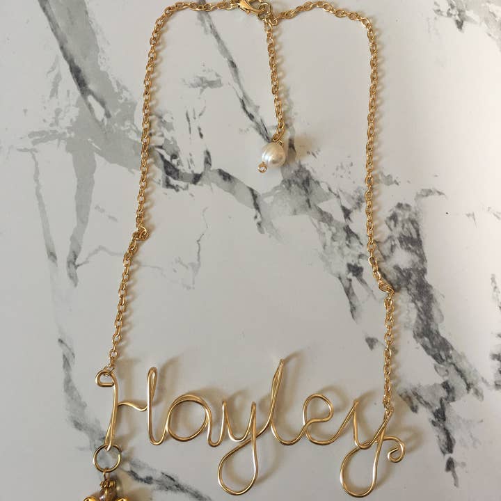 Personalized Wire Name Necklace (Gold Tone Steel or 14k Gold Filled) with Optional Pearl or Angel Charm, Handmade for wholesale by Linny’s Arsty Fingers LLC