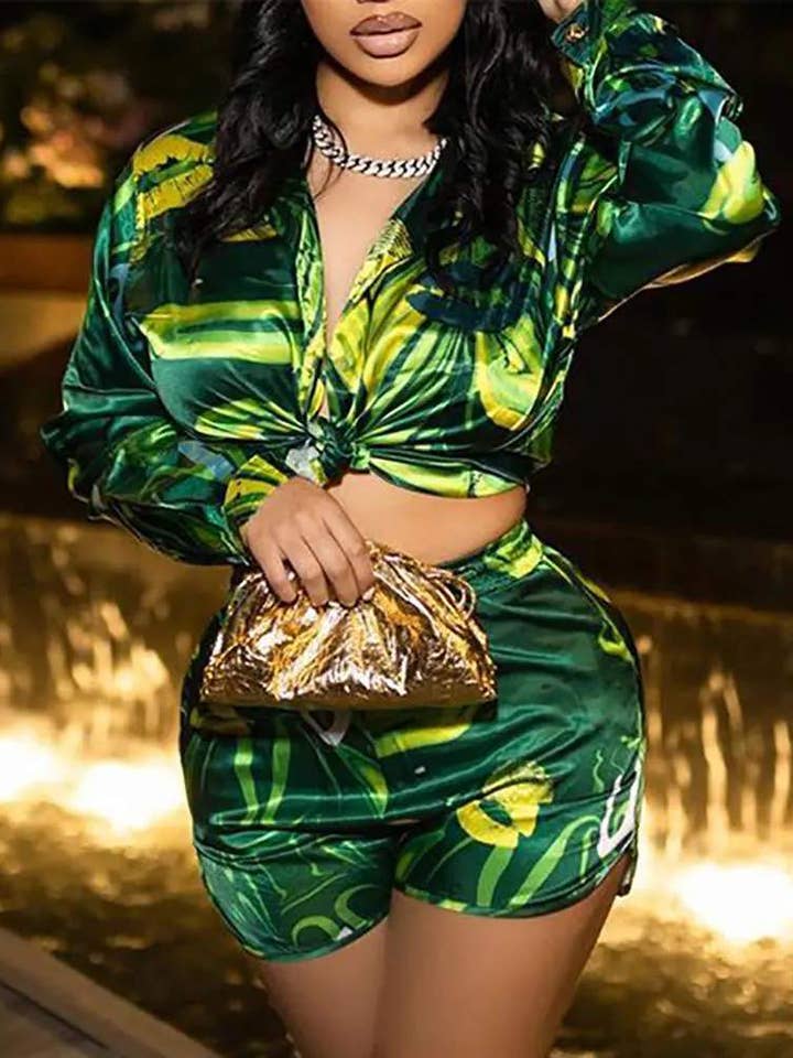 Flarix - Wholesale Top & Short Set (NOT Loungewear) - Women's - print tied detail long sleeve top shorts set