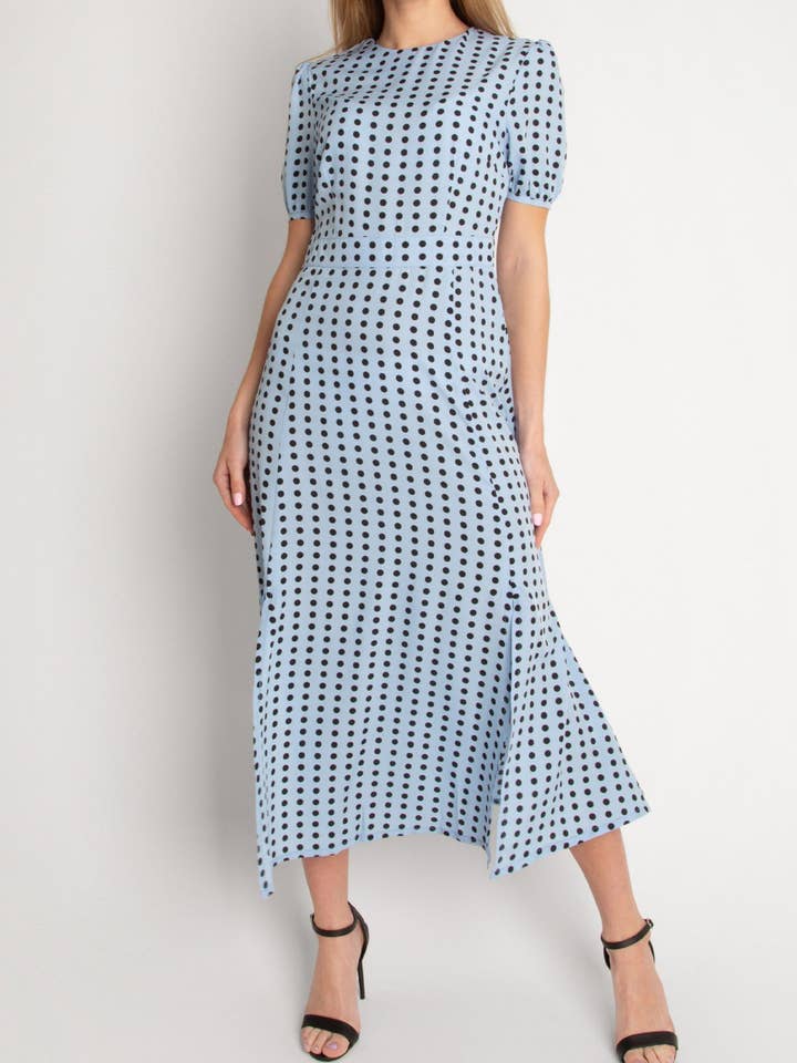 Robe longue à manches courtes à pois -L BLEU pour la vente par Cutie London