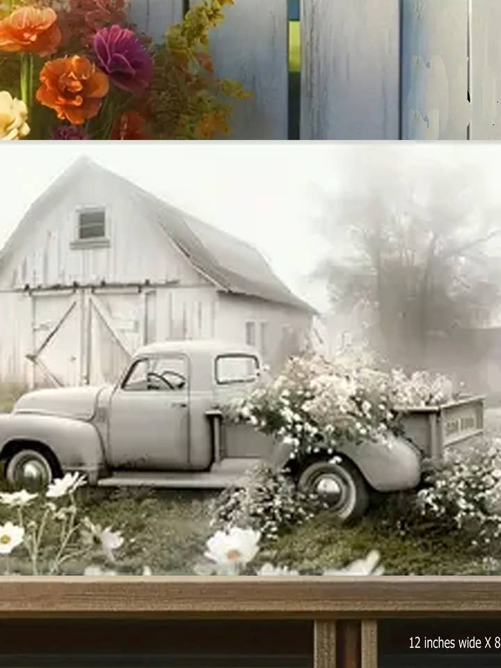 Old Truck in Field Front of Barn Primitive Metal Sign for wholesale by Bad Bunny Designs