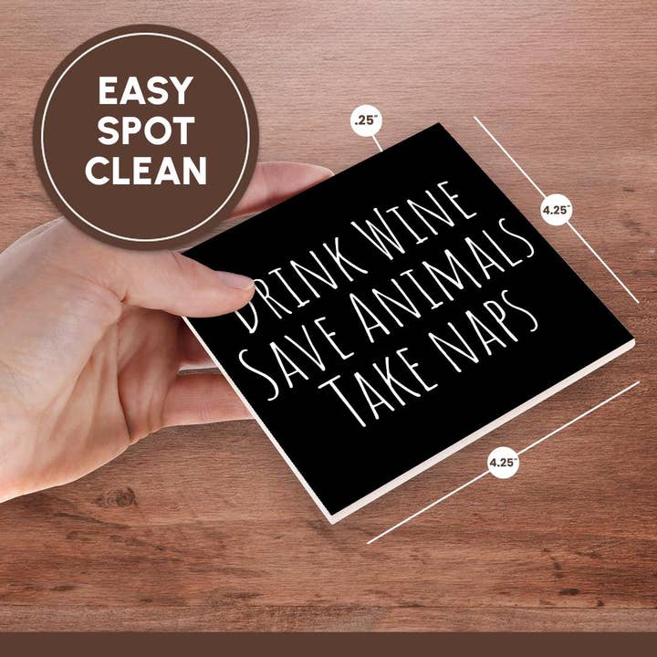 3dRose - Wholesale Coasters - 3dRose, Drink Wine Save Animals Take Naps. Thin white letters on black., Coaster6