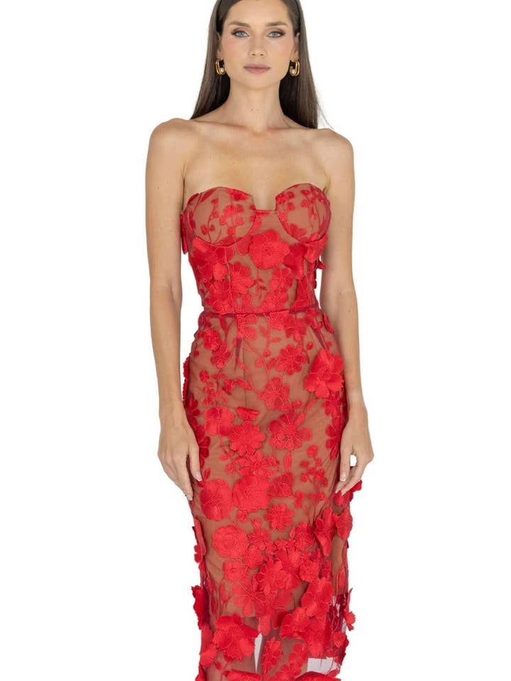 Anni Floral Embroidered Strapless Midi Dress for wholesale by Akalia