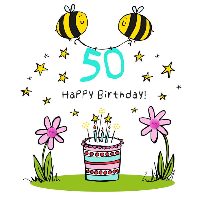 FELIZ ANIVERSÁRIO 50, CINQUENTA, BOLO, ABELHA, FESTA, CARTÃO DE BOTÃO FOFO por atacado de The Spare Button Card Range