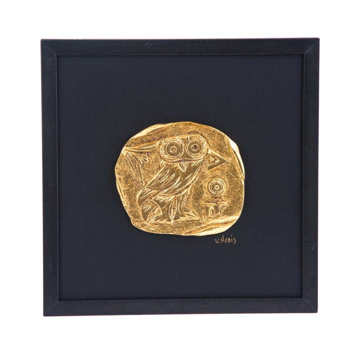 ARTIA LTD - Wholesale Wall Accent - Athenian Owl Coin, Gold Patina & Black Leather Wall & Table