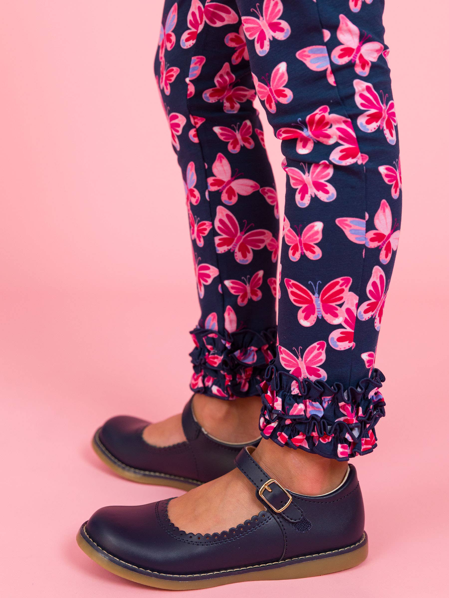 Navy Girls Butterfly Bliss Classic Ruffle Leggings for wholesale on Faire0