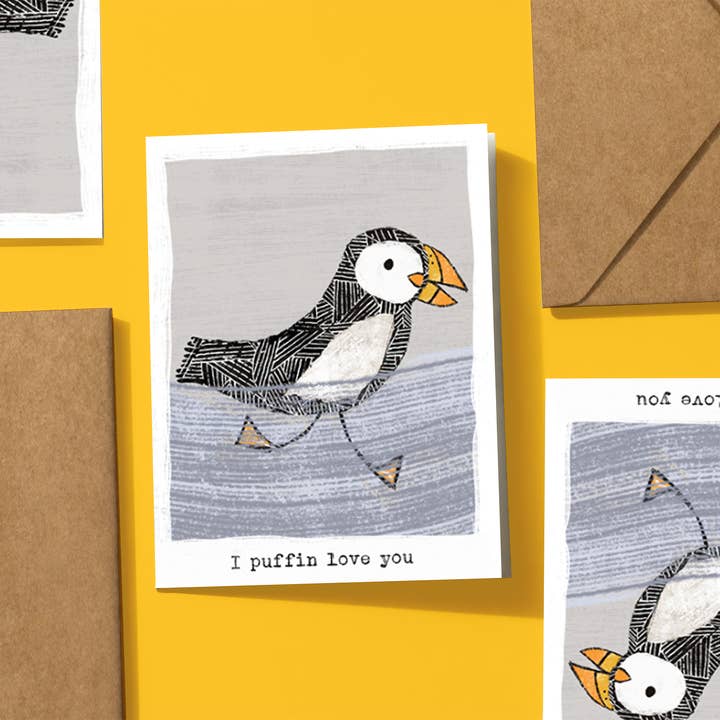 Hand-Illustrated Puffin Love Greeting Card – Blank Inside for wholesale by Yellow Birds Design