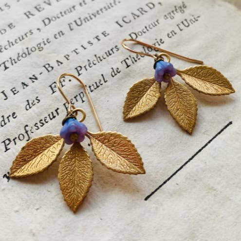 Brass Three Leaf Earrings With Purple Flower for wholesale by Fuchsia Bloom Studio