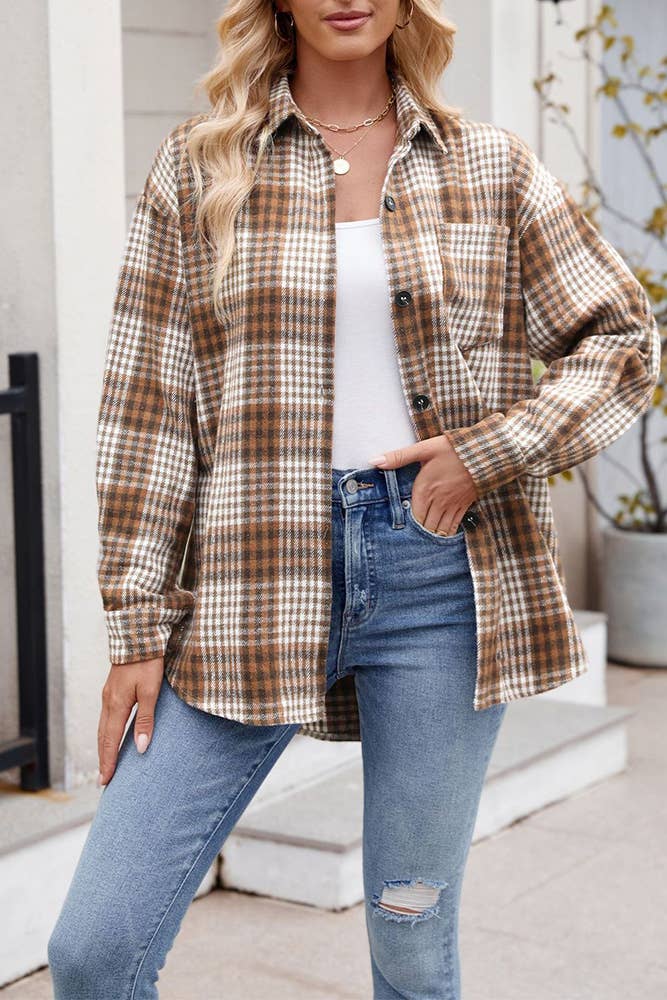 UNISHE - Wholesale Overhemd met knopen - Dames - Fall Flanellen geruit overhemd met knoopsluiting en zak MD13613