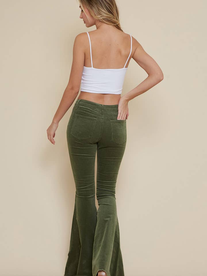 Saints & Hearts - Wholesale Pants - Women's - SIP6144A OLIVE CORDUROY FLARES WITH DISTRESSED HEM6