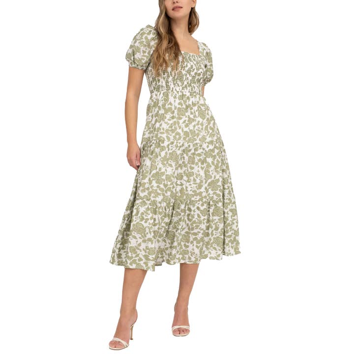 MINE - Wholesale Dress - Women's - CONTRAST FLORAL SQUARE NECK SMOCKED MIDI DRESS