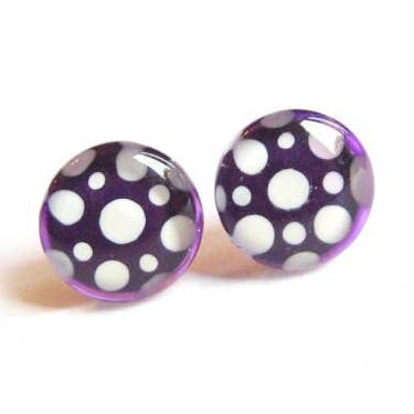 Purple polka dot earrings - hand painted glass- for wholesale by Azurine