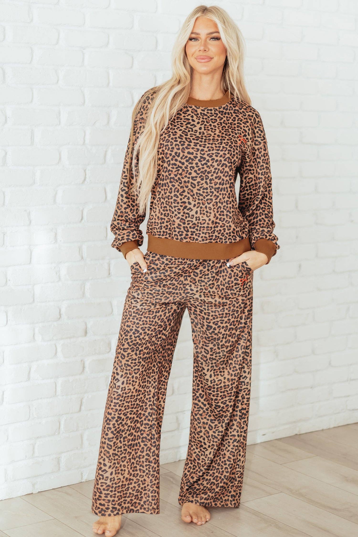 Khaki Leopard Bow Embroidered Pullover and Pants Set for wholesale on Faire0