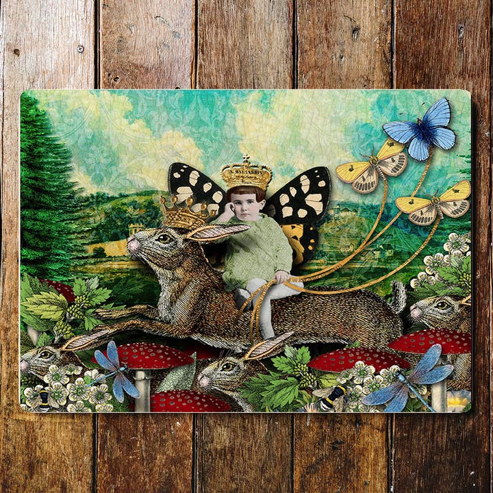 Placa metálica Boy Crown Toadstools con forma de liebre y mariposa para venta al por mayor de The British Metal Signs Company