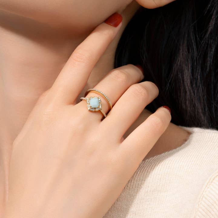 Dissoo® Asscher Floral Halo Half-Eternity Amazonite Bridal Set for wholesale by Dissoo