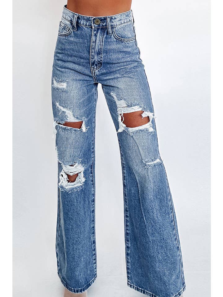 Ashleigh Blue Acid Wash Distressed Wide Leg High Waist Jeans for wholesale on Faire