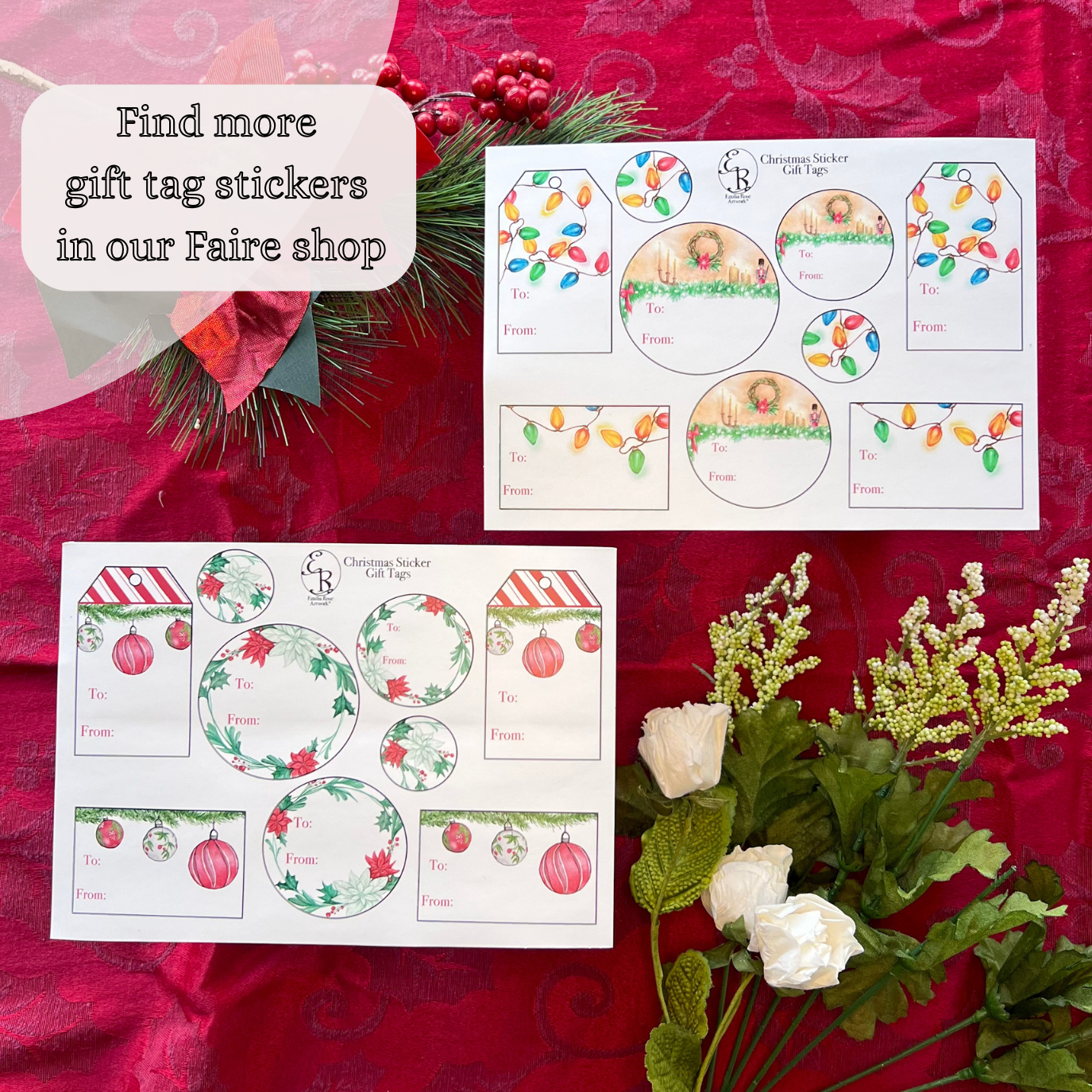 Emilia Rose Artwork LLC - Wholesale Gift Tag Label - Watercolor Christmas Lights Gift Tag Sticker Sheet3
