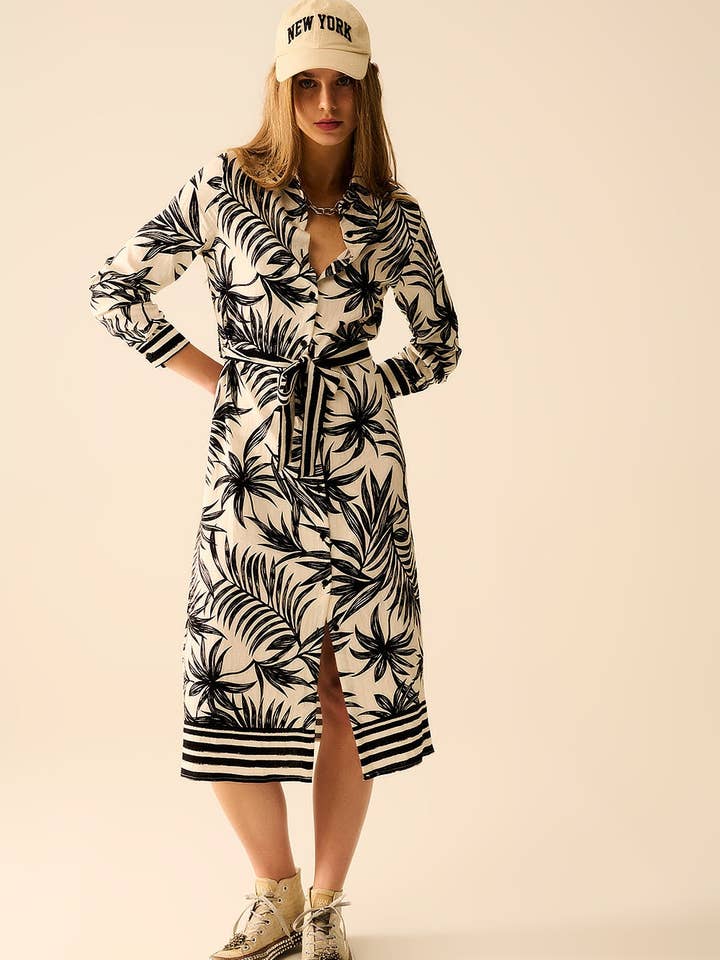 Long Sleeve Midi Dress In Tropical Motif in Black and White for wholesale on Faire