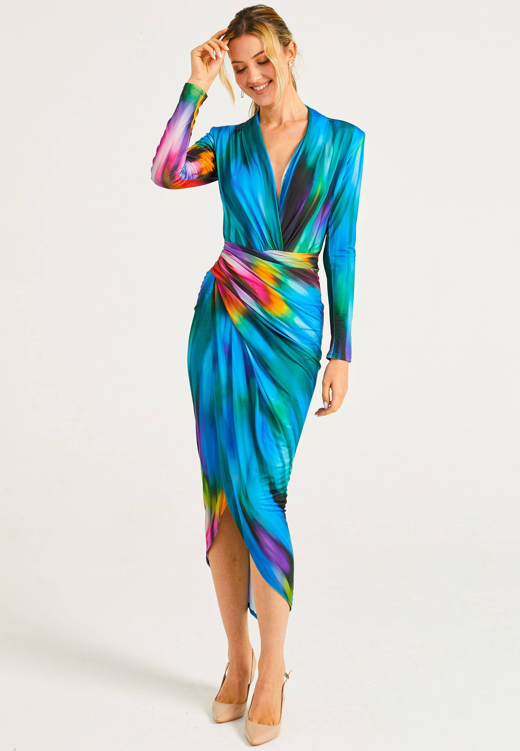 ANGELEYE – wholesale Dress – Women's – Plunge Neck Faux Wrap Print Midi Dress in Tie Dye1