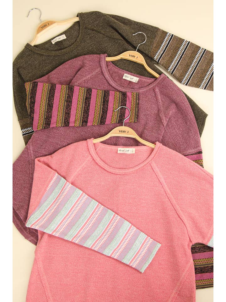 VERY J - Wholesale Knit Top - Women's - NT11706-Contrast Striped Sleeve Detail Casual Knit Top