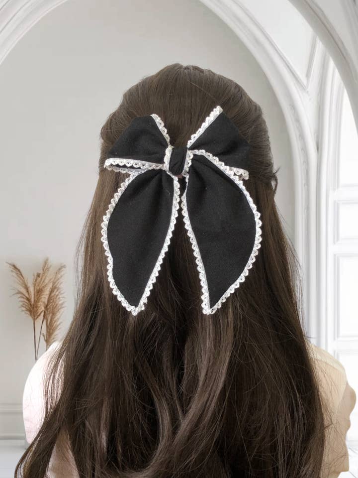 Vintage Black Linen Lace Hair Bow, Christmas Hair Clip for wholesale by Belle Linen