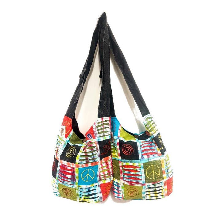 Bomuld Razor Cut Peace Ohm Patchwork Munk Skuldertaske for engroshandel hos Shop Therapy