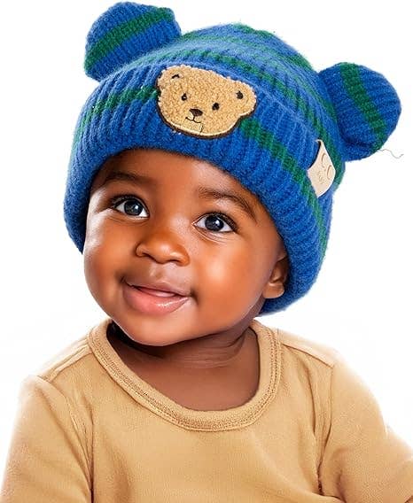 Funky Junque - Wholesale Beanie - Kids - Infant Teddy Bear Ears Beanie - Striped - Royal Blue0
