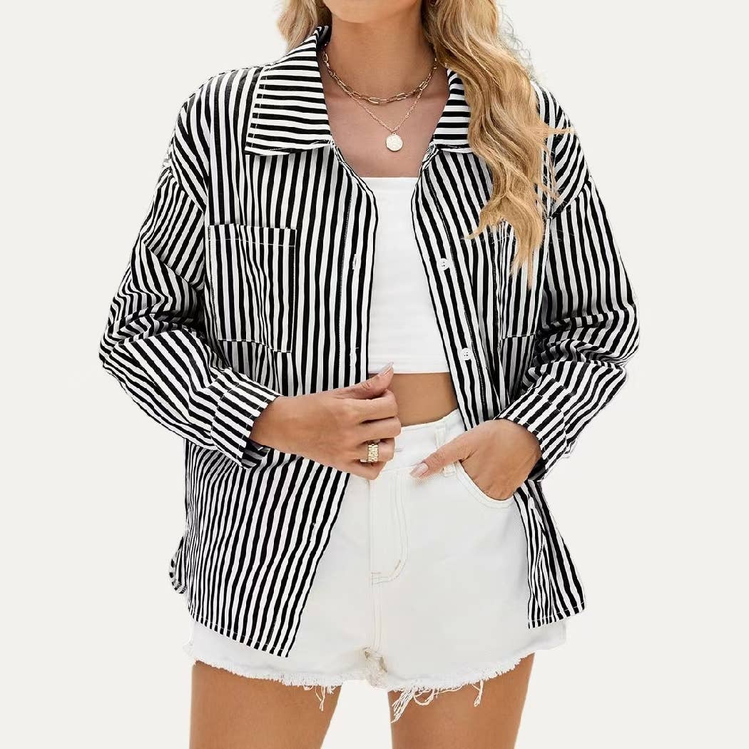 The Moment Collection - Wholesale Button Down Shirt - Women's - Classic Striped Print Collared Neck Button Up Boxy Shirt7