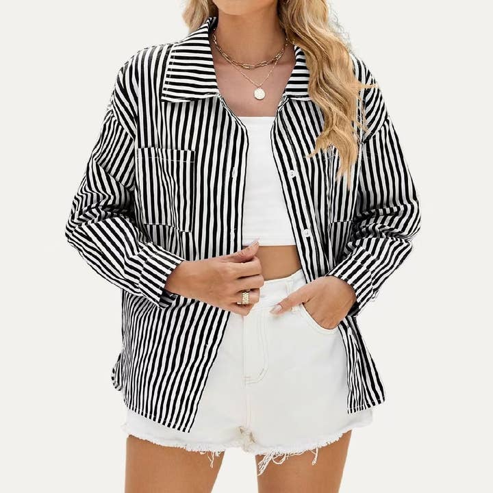 The Moment Collection - Wholesale Button Down Shirt - Women's - Classic Striped Print Collared Neck Button Up Boxy Shirt7