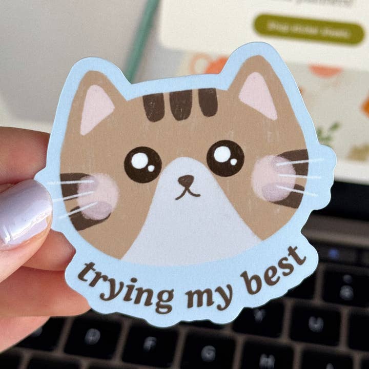 Trying My Best Cat Sticker for wholesale by Chat Papier