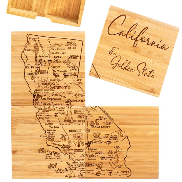 California Puzzle 4-Pc. Coaster Set with Case for wholesale by Totally Bamboo